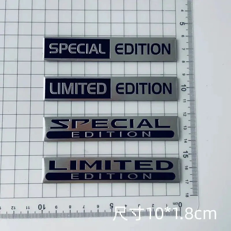 Set of four 3D metal car badges in silver with blue inserts, featuring SPECIAL EDITION and LIMITED EDITION designs