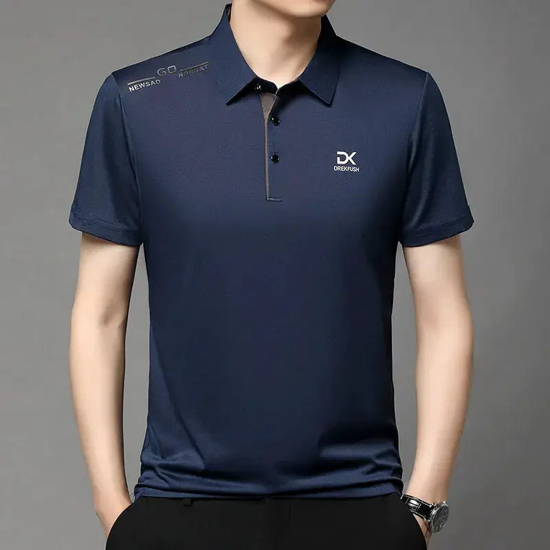 Men's navy polo shirt by Simples Market with small DK logo on chest