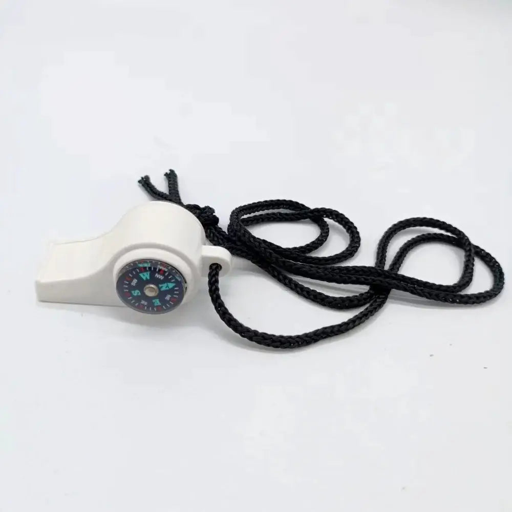 3in1 outdoor emergency whistle with compass by Simples Market, white plastic with black cord