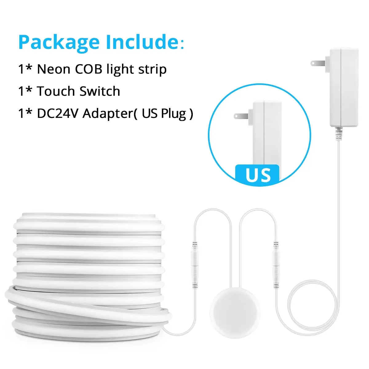 Simples Market self-adhesive COB LED under-cabinet light strip kit with touch switch and DC24V US plug adapter
