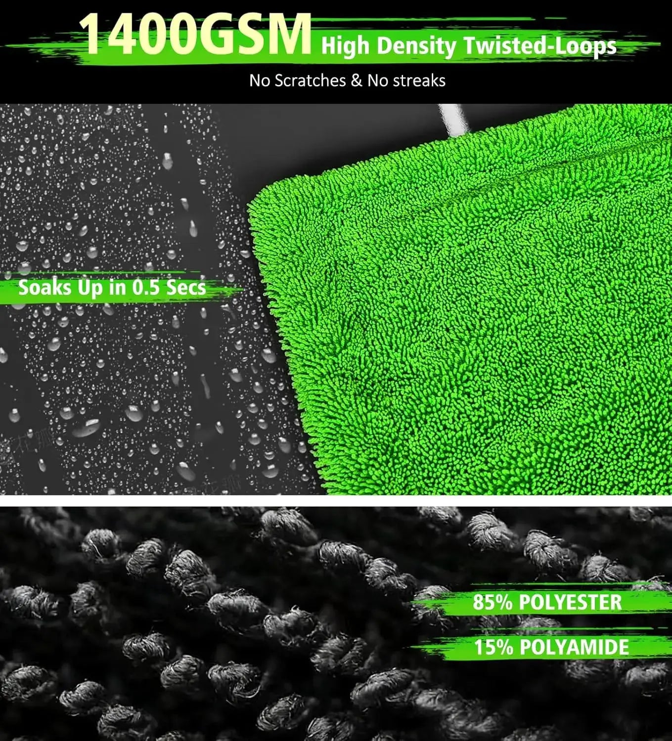 Green car drying towel, double-sided microfiber, ultra-absorbent 1400GSM for scratch-free detailing