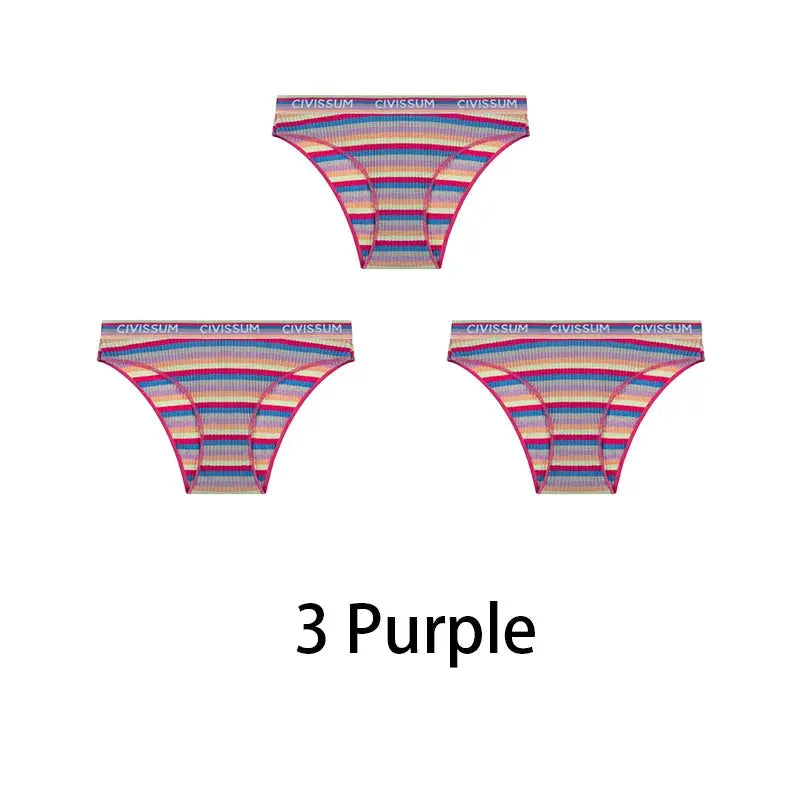3-piece set of women's cotton low-rise hipster panties, rainbow striped, Simples Market NK606