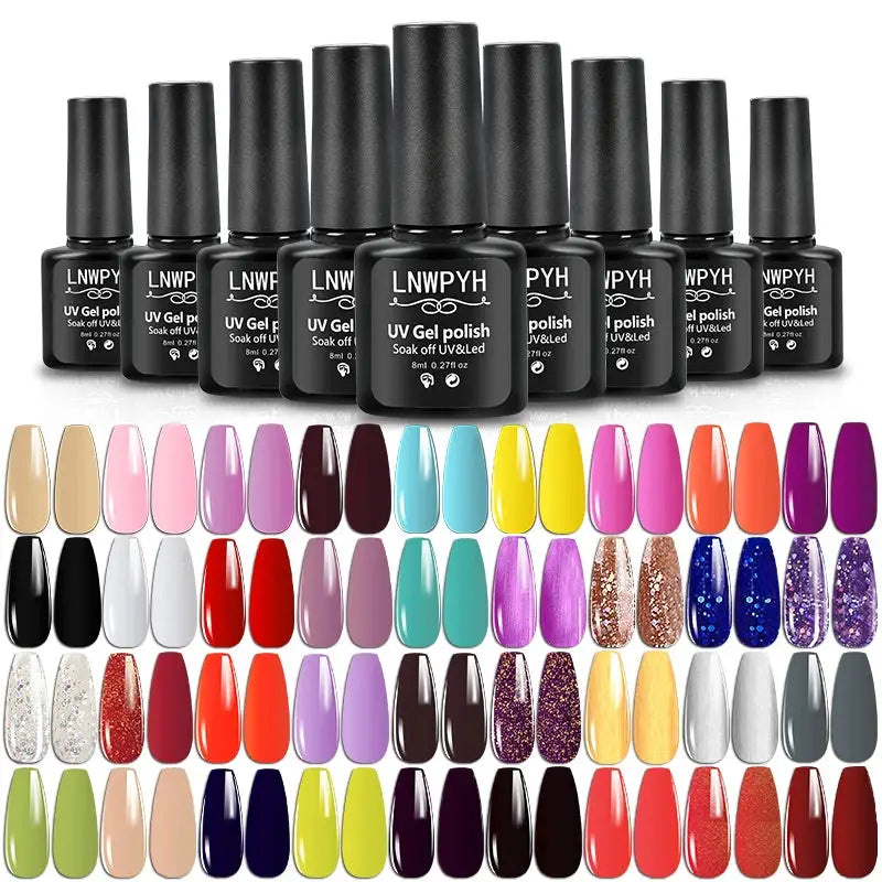 Gel nail polish kit by Simples Market, 42-piece with base/top coats and colorful swatches.