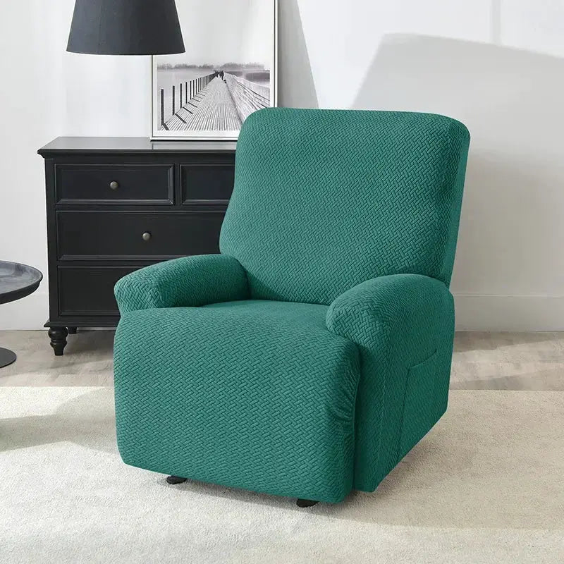 Jacquard stretch recliner chair cover in teal with elastic split-arm, non-slip for living room.