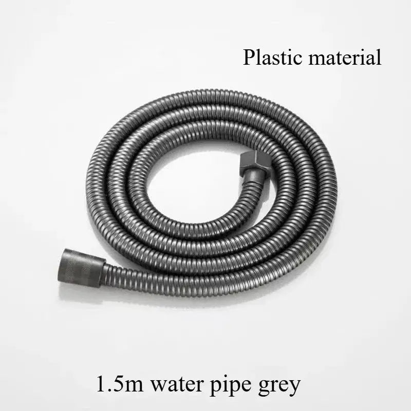 Shower hose, grey plastic, 1.5m length, coiled, bathroom accessory
