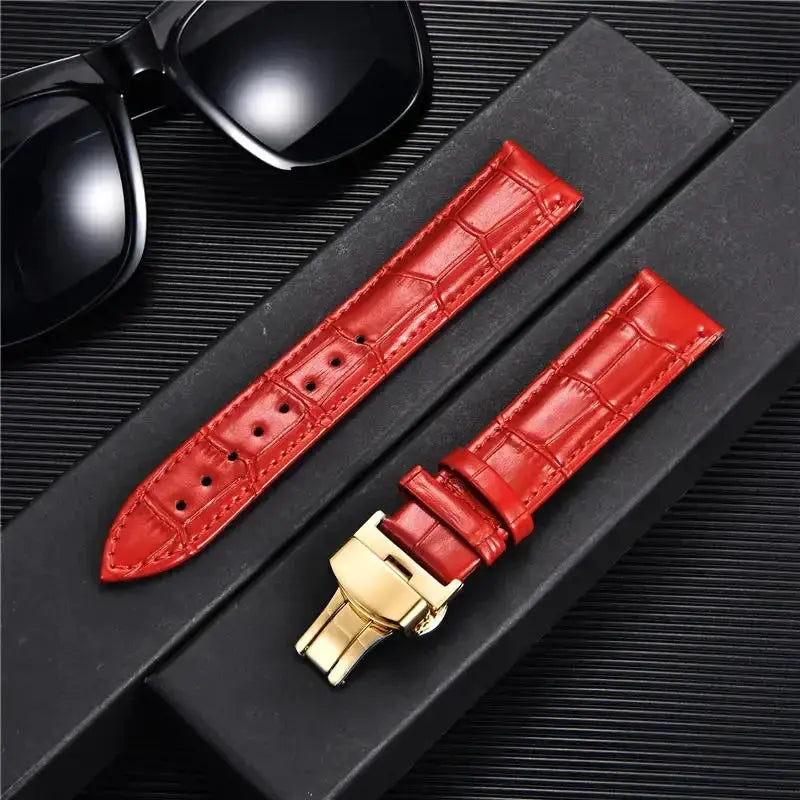 Remzeim Bamboo Pattern Genuine Leather Watch Strap First Layer Cowhide With Steel Butterfly Buckle 18mm 20mm 22mm 24mm