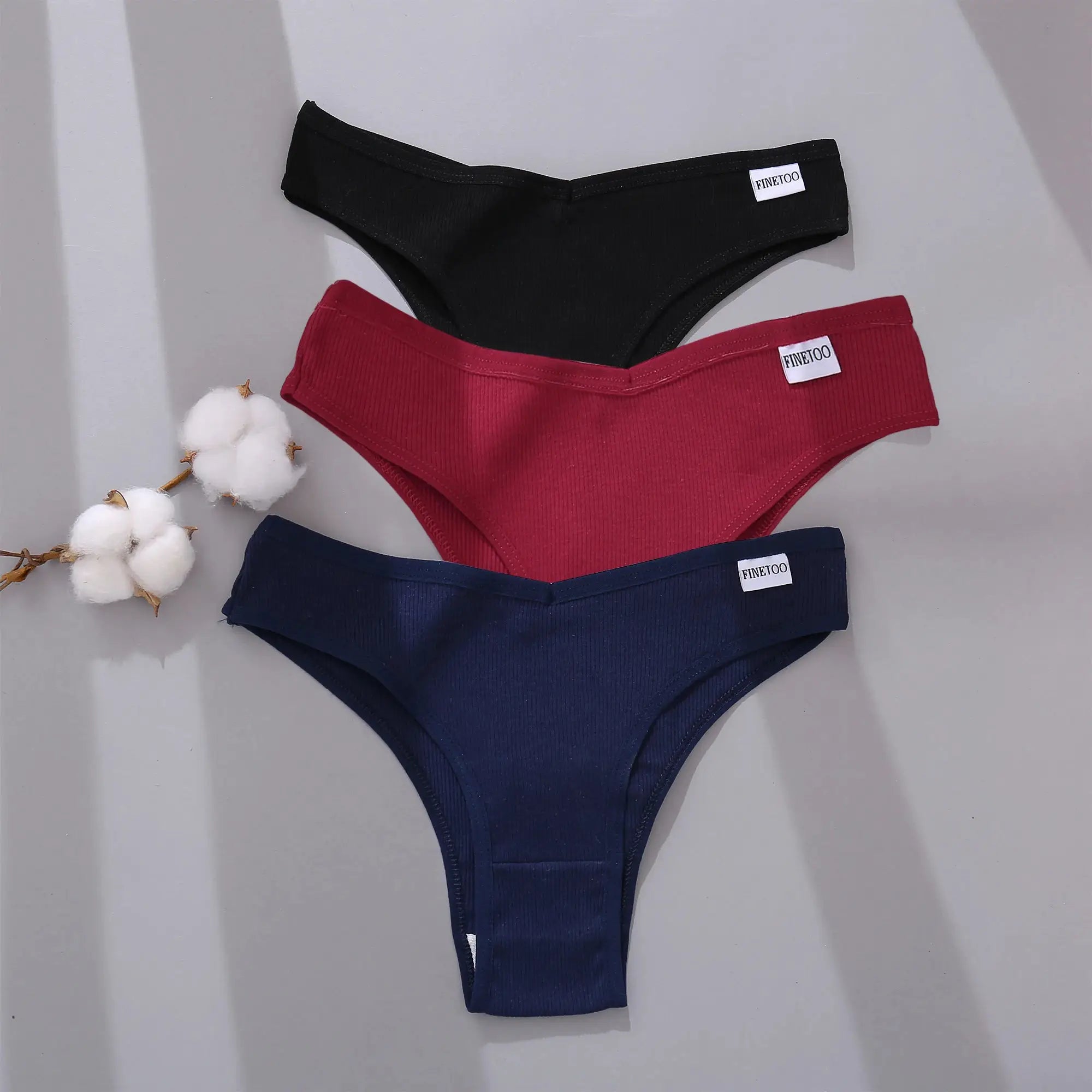 FINETOO cotton Brazilian panties set; 3-pack in black, red and navy with V-waist T-back bikini briefs