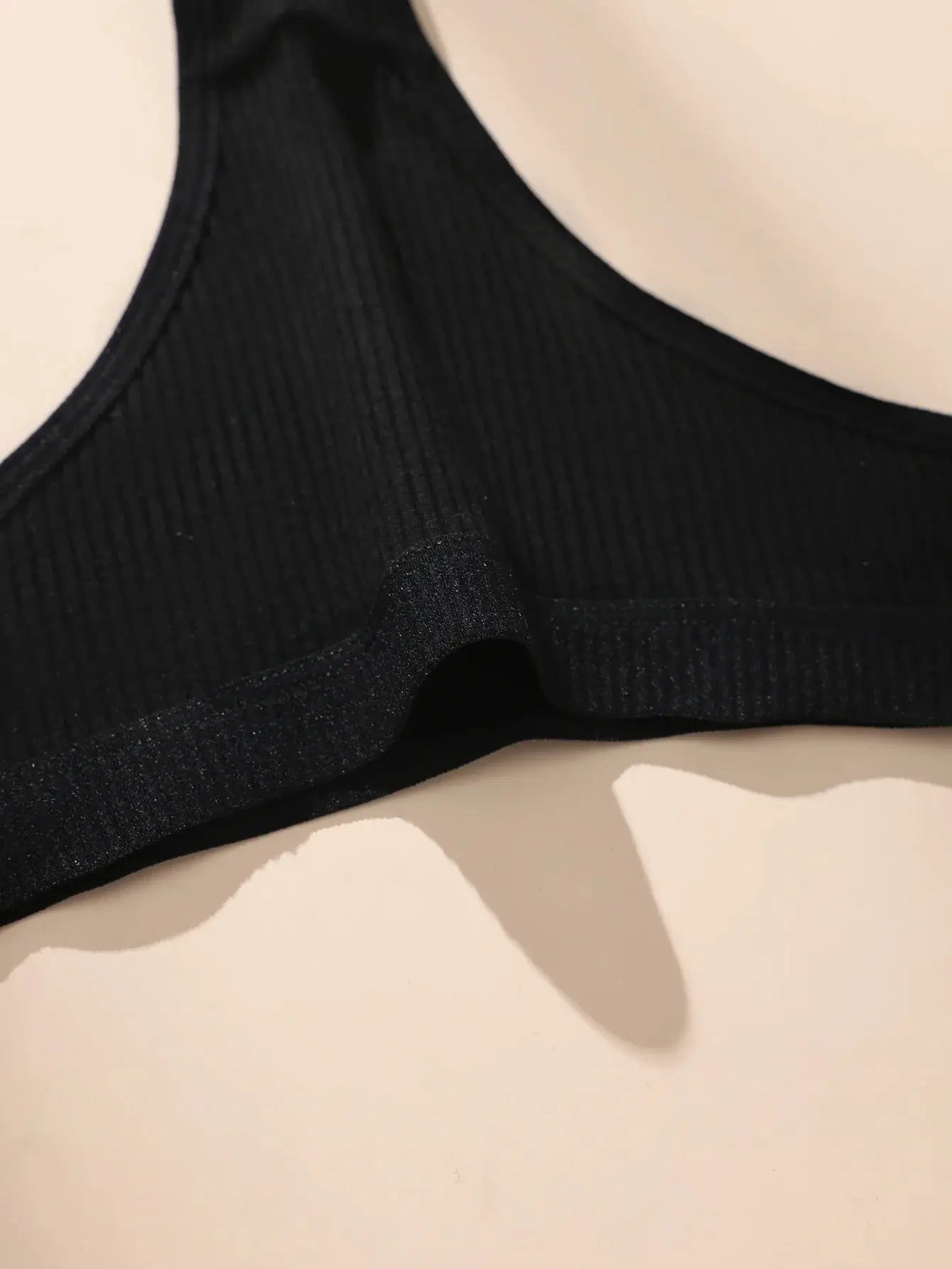 Simples Market 7Pcs black cotton thong panties set, ribbed fabric close-up