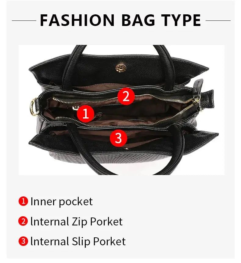Black cowhide handbag with woven texture and top handles, featuring three interior pockets: inner, zip, and slip.