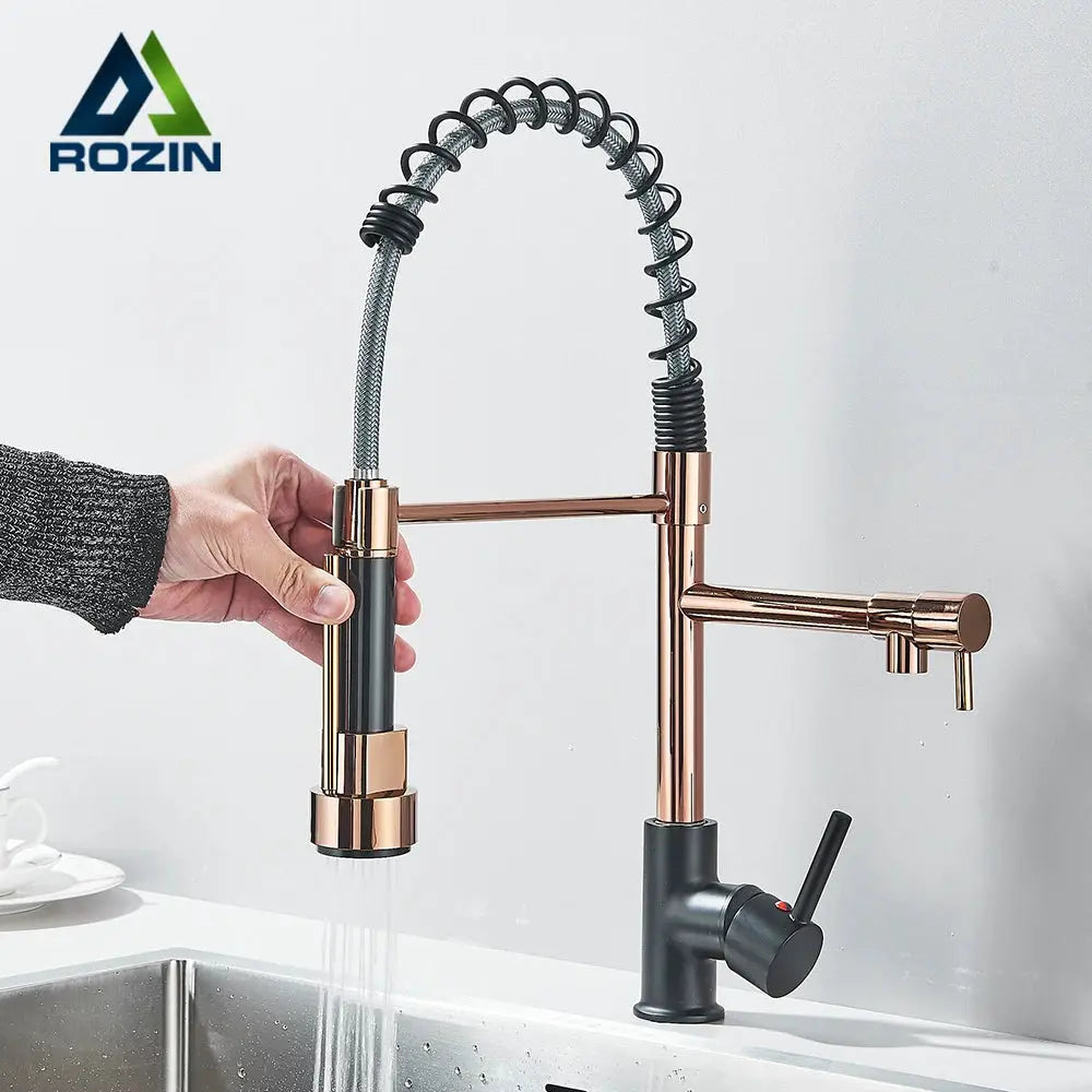 Rozin black and rose-gold pull-down kitchen faucet with spring coil hose and dual spout, deck-mounted