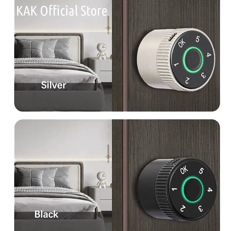 KAK Tuya smart door lock cylinder with fingerprint, by Simples Market, in silver and black variants.