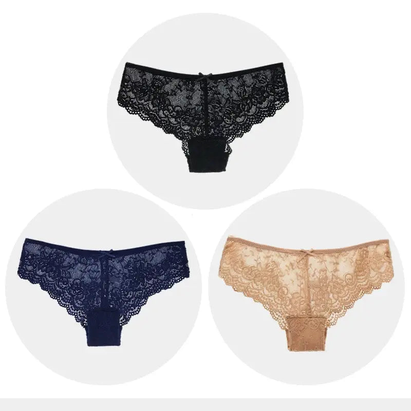 Women lace briefs 3-pair set in black, navy, and nude; low-rise hollow-out lace underwear