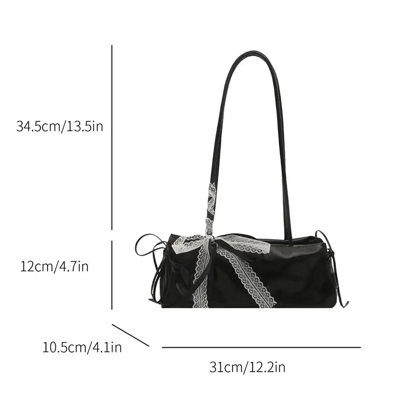 Black PU shoulder bag with long strap and lace bow accent, elegant square ballet-style bag