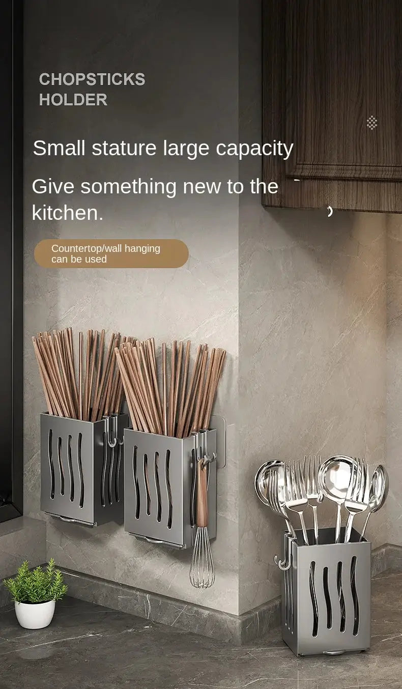 Simples Market chopsticks storage set in gray metal; 3-piece with two wall-mounted holders and a countertop canister