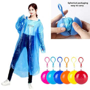 Simples Market blue portable disposable raincoat poncho worn by model; six colored pocket compression balls with keychains