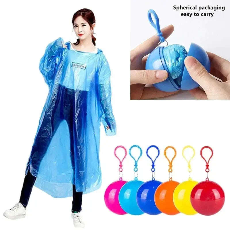 Simples Market blue portable disposable raincoat poncho worn by model; six colored pocket compression balls with keychains