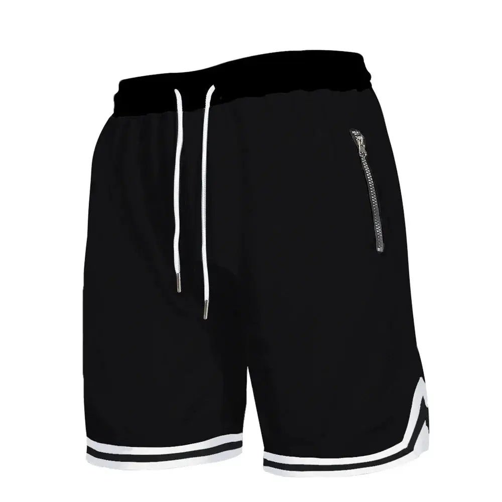 Men's black mesh quick-dry basketball shorts with white drawstrings and zip pocket.
