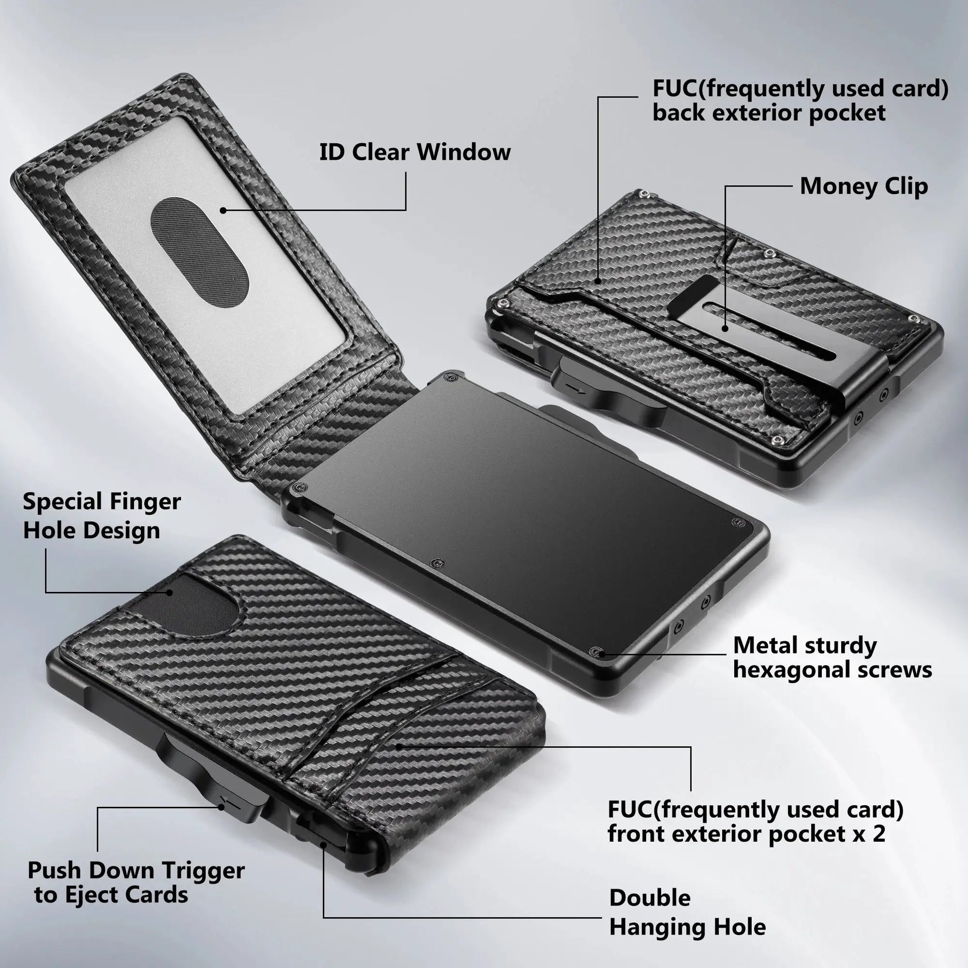 Wallet for Men by Simples Market, slim carbon fiber wallet with ID window, money clip, RFID blocking.
