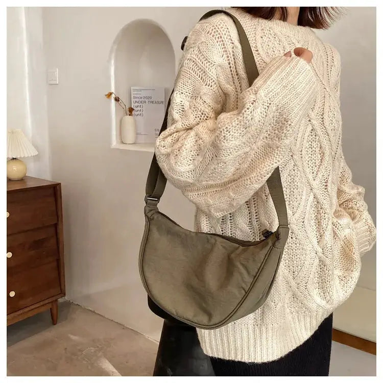 Casual nylon hobos crossbody bag for women by Simples Market in olive khaki with adjustable strap