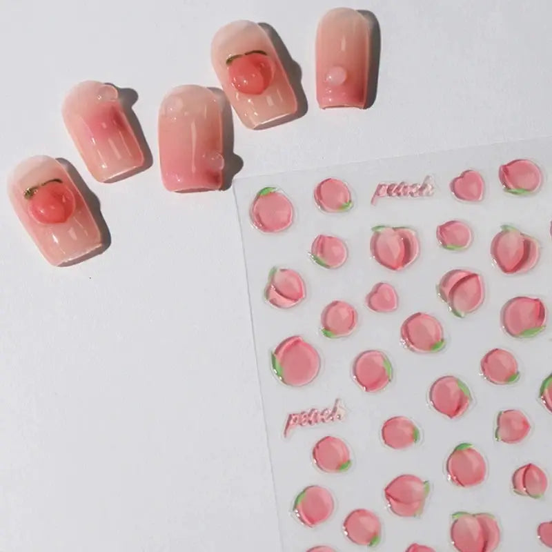Peach nail decals set; translucent pink jelly texture, 5D embossed self-adhesive stickers for nails