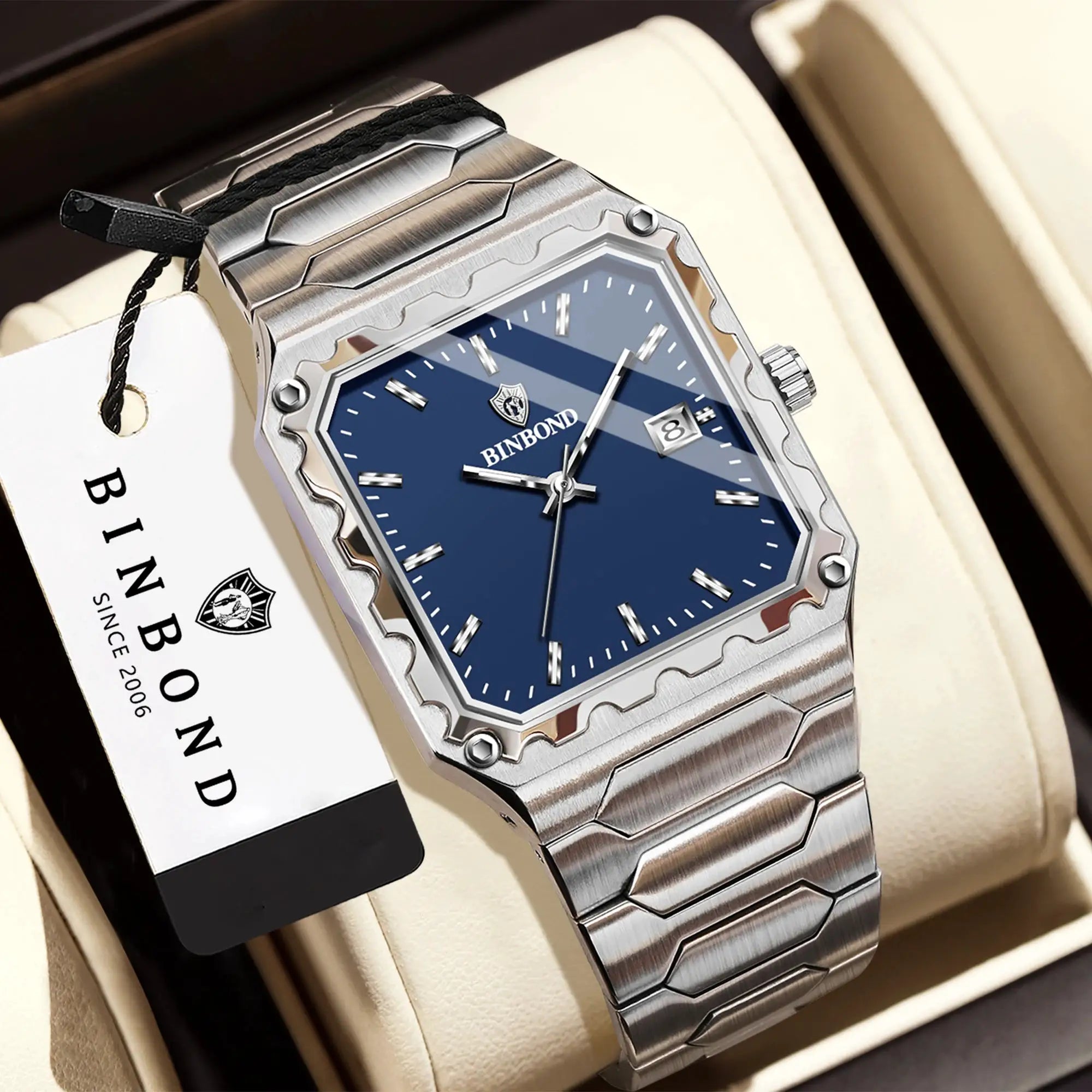 BINBOND men's wristwatch with blue dial and stainless steel bracelet