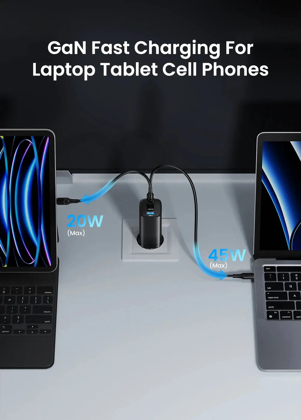 ASOMETECH GaN USB-C charger, black, 65W/45W PPS PD QC4.0 by Simples Market, charging two laptops and mobile devices.