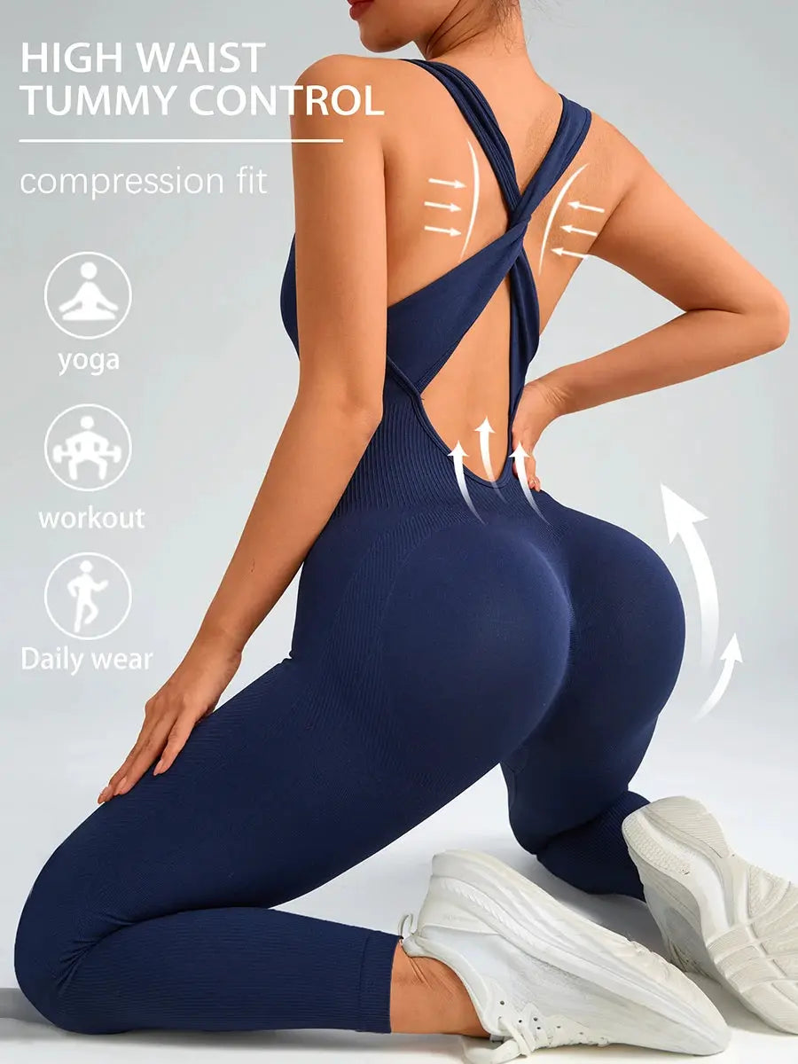Simples Market navy seamless gym bodysuit with high-waist compression and cross-back straps