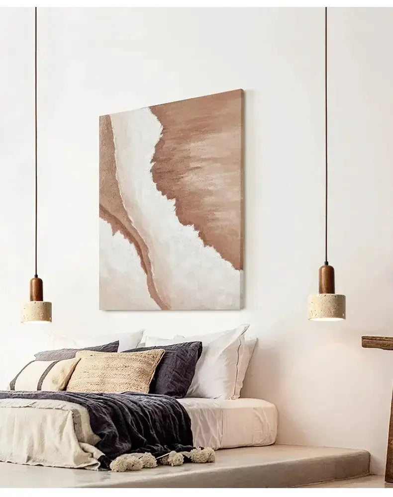Travertine droplight pendant lamps, beige stone with wood accents, pair above bed