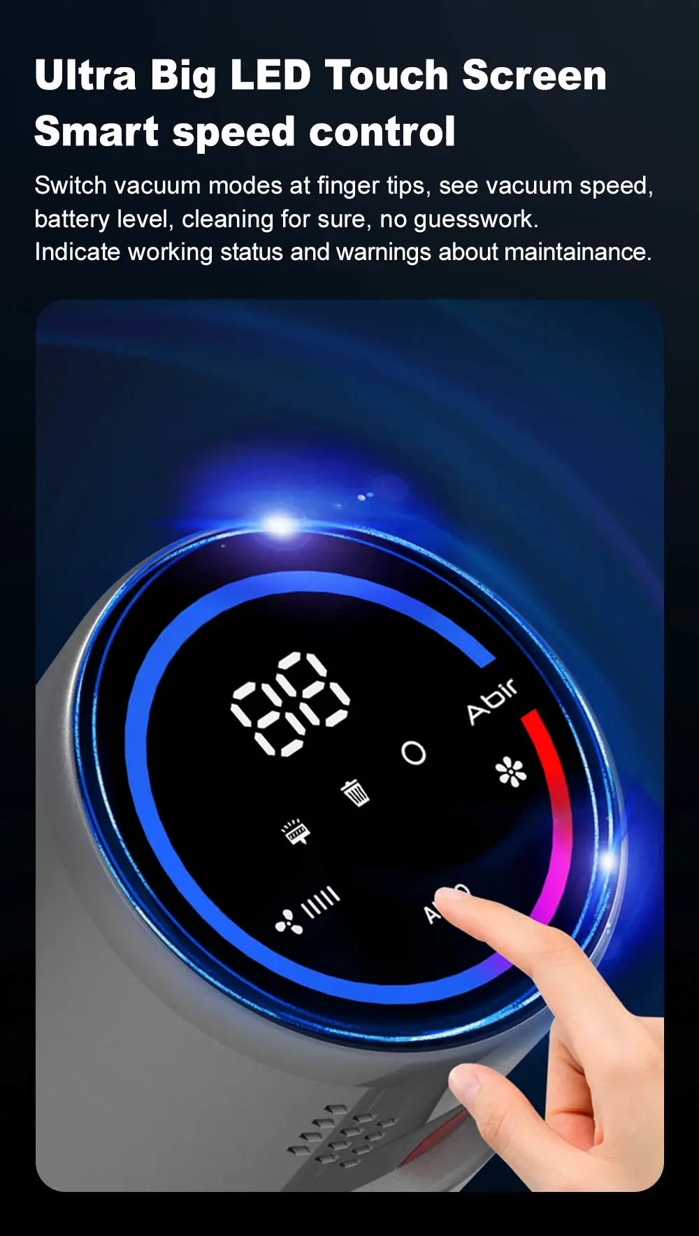 ABIR VC205 cordless handheld vacuum cleaner; touch screen, blue LED ring, 27000Pa suction.