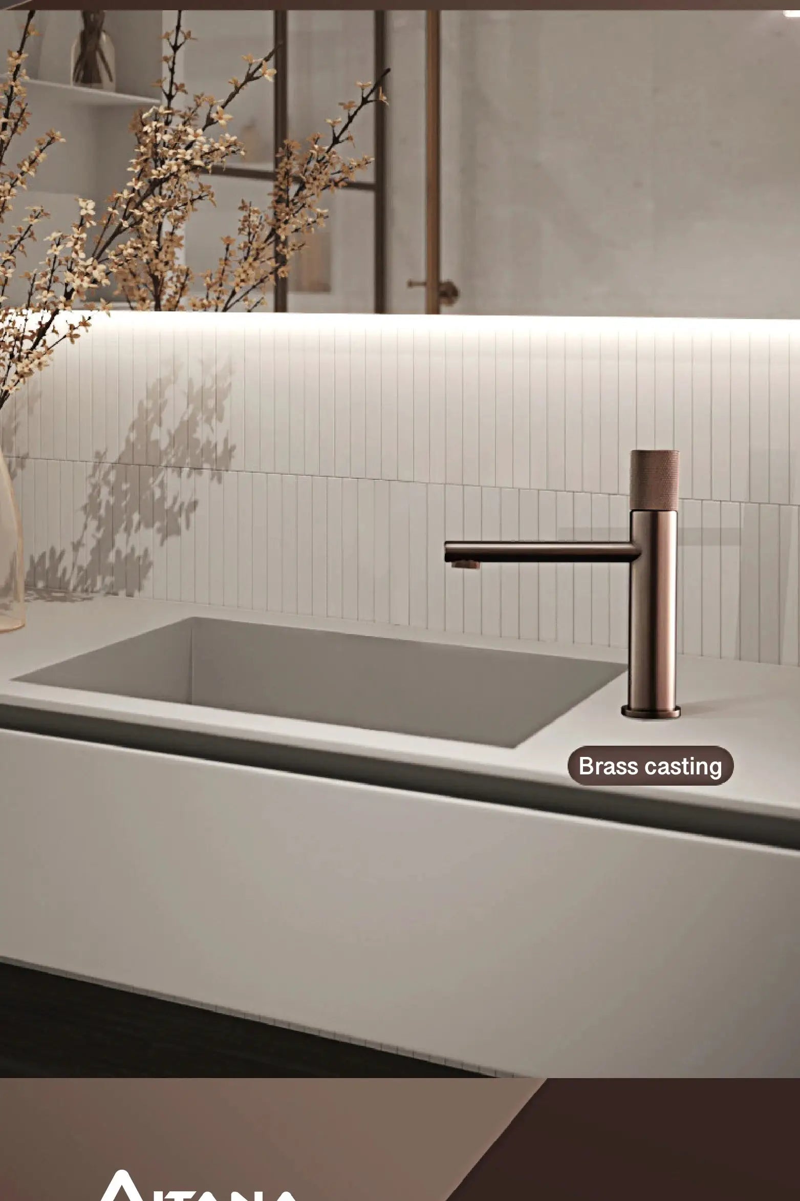 Brass black bathroom faucet with long horizontal spout over a white sink in a modern hotel-style bathroom