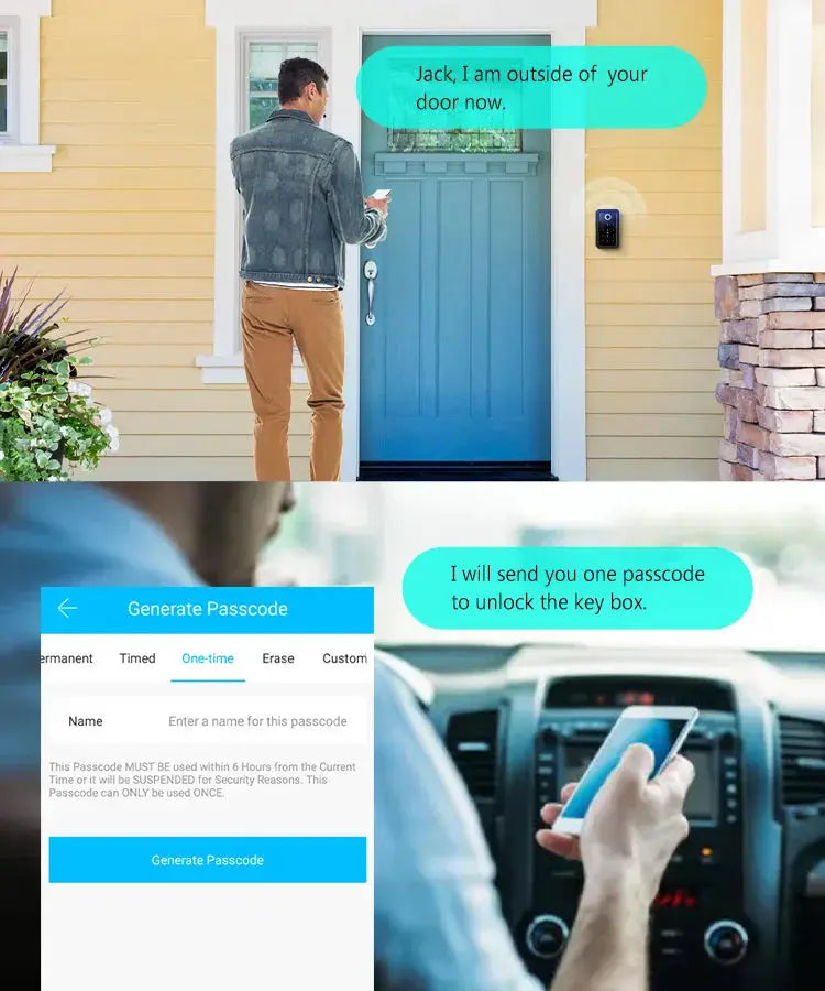 TTLock wifi smart lock box by a blue front door; person uses a mobile app to generate a passcode