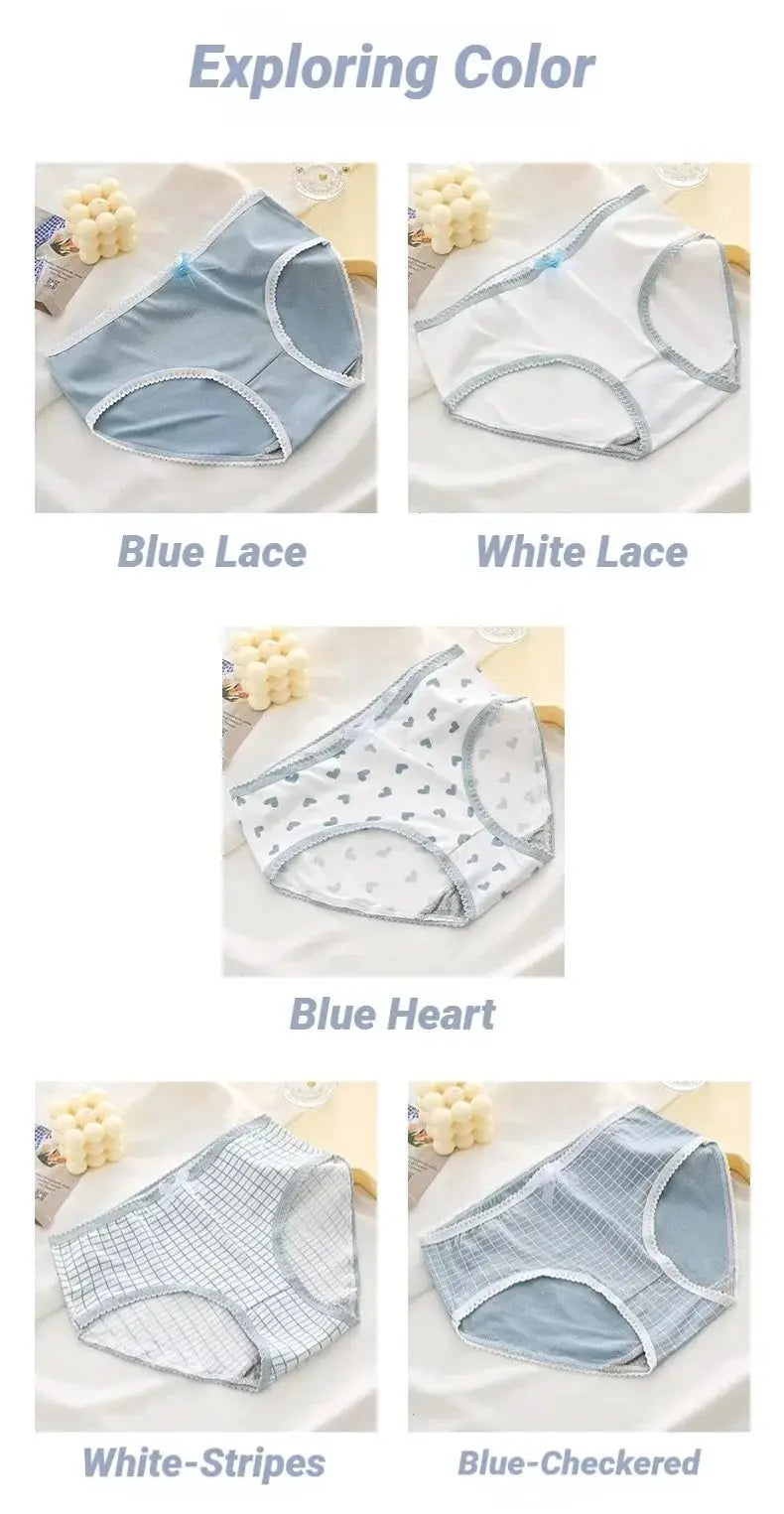 Simples Market 5pc women's briefs set in blue lace, white lace, blue heart print, white-stripes, and blue-checkered