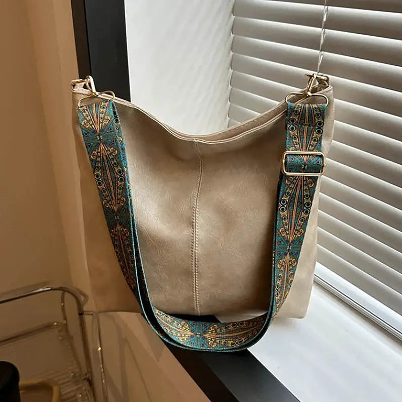 Nova Geometric Strap Shoulder Bag Wide Crossbody Large Capacity Retro PU Leather