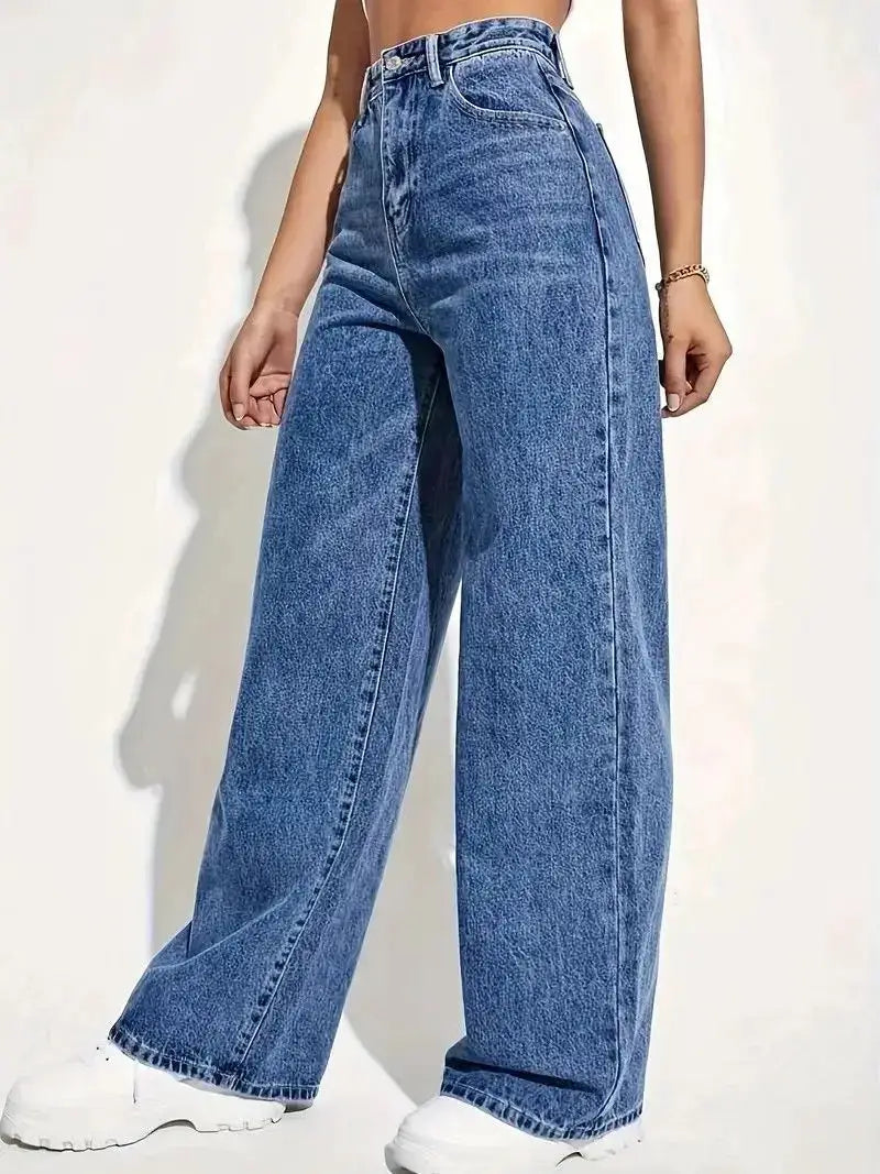 Retro Blue Jeans For Women Y2K High Waist Baggy Straight Leg Denim