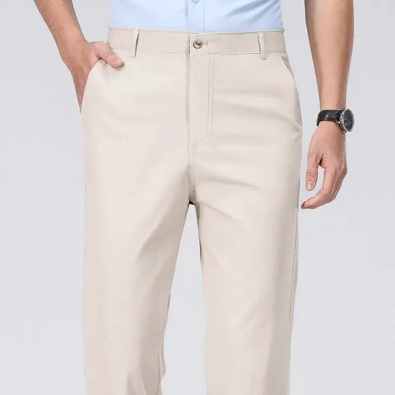Men's chino pants by Simples Market, beige lightweight business casual trousers with pockets.