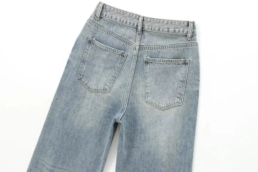 ETJ Wide Leg High Waist Jeans Women Five Pocket Washed And Comfortable
