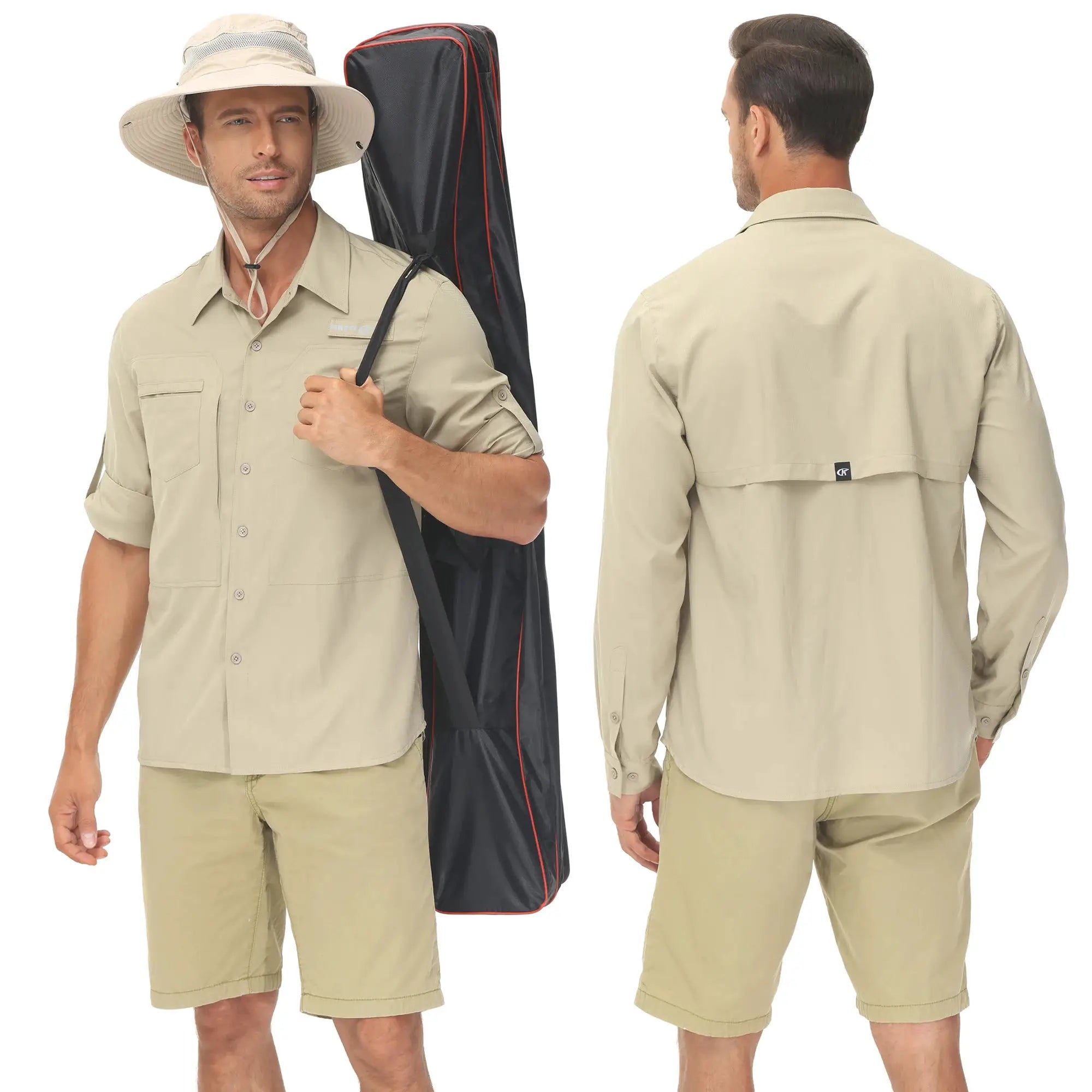 Beige men's long-sleeve fishing shirt, button-down with front pockets and rolled cuffs