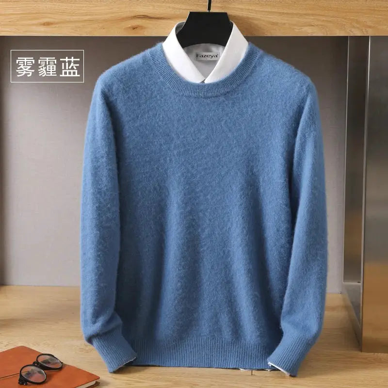 Men's blue mink cashmere O-neck sweater; Fazeya label on hanger