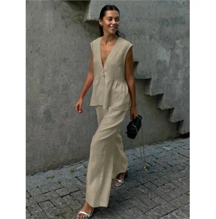 Women Sleeveless V Neck Top Two Piece Summer Set With Straight Pants