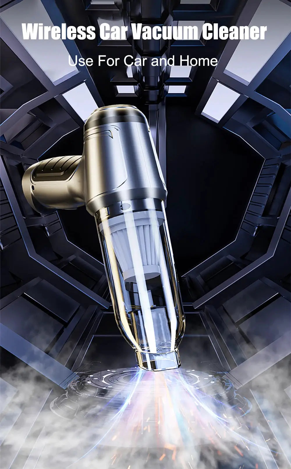 Wireless car vacuum cleaner by Simples Market; silver handheld with transparent dust canister