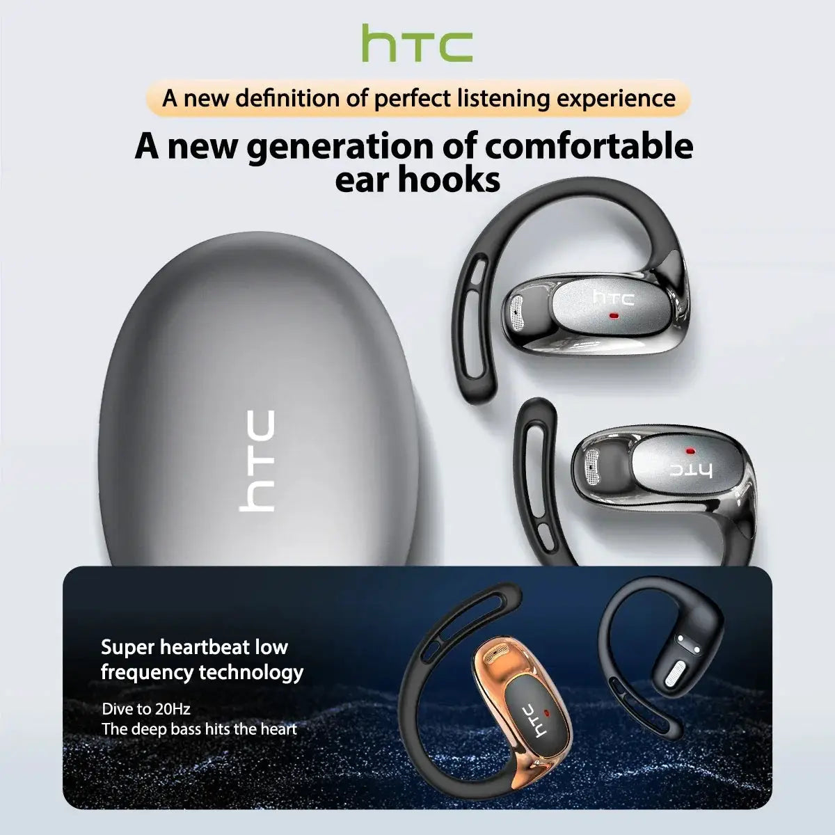 HTC NE35 wireless earphones with charging case; two silver/gray earbuds with ear hooks