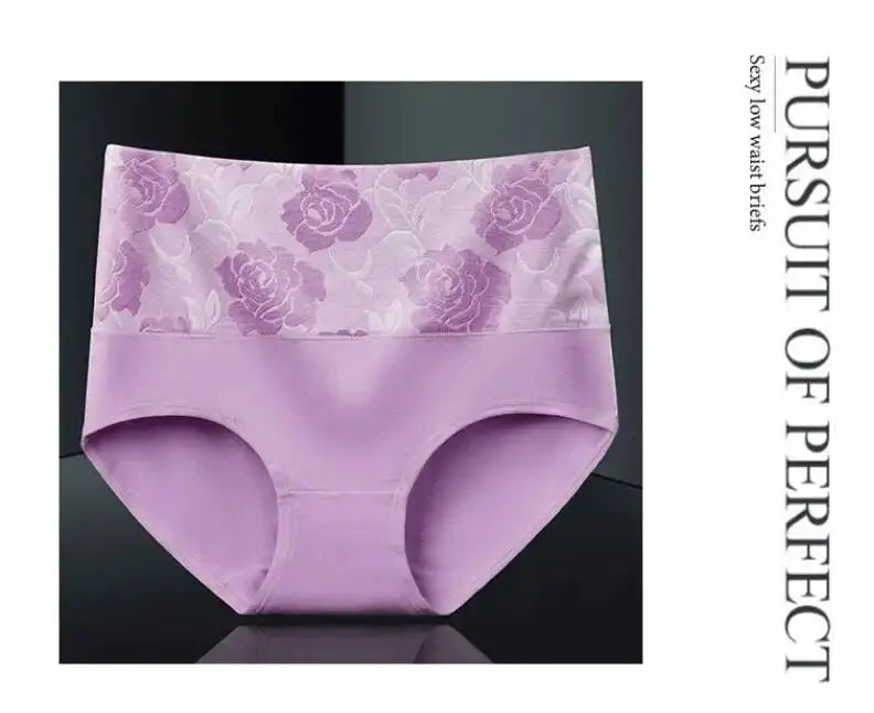 Lavender high-waist cotton panties with a floral lace waistband; PURSUIT OF PERFECT.