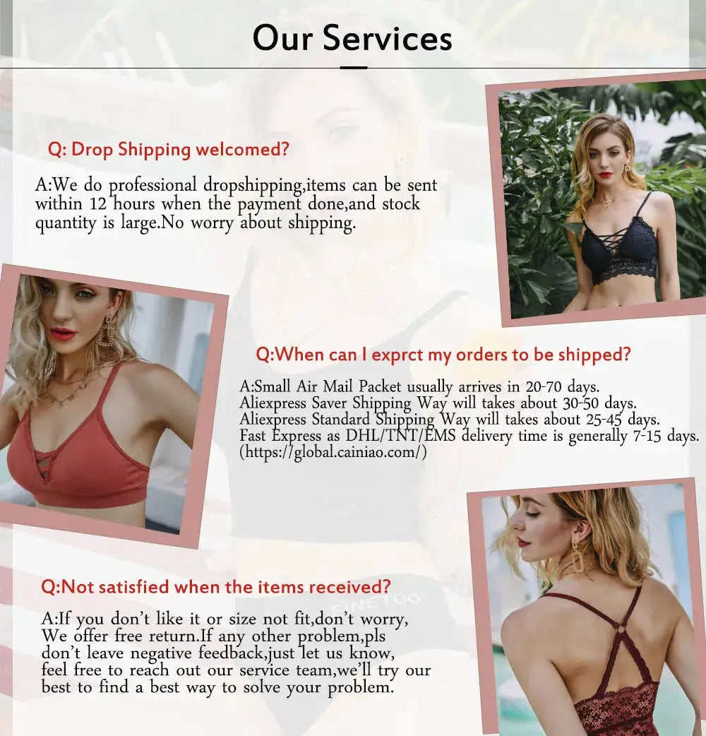 Lingerie collage featuring women's bras and panties in a service promo layout