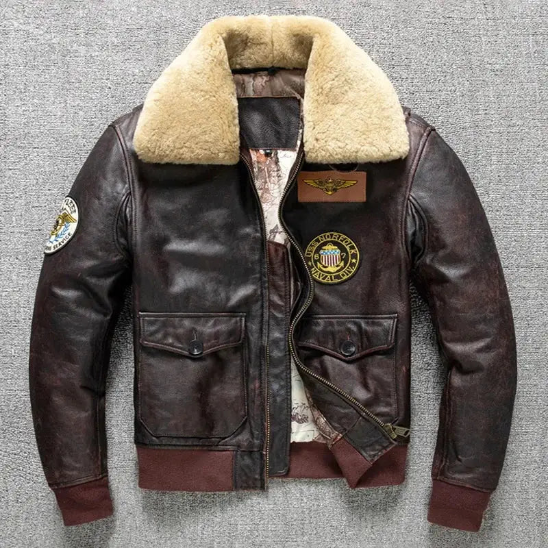 Air Force flight jacket brown genuine cowhide with shearling collar, patches, bomber style, 6XL