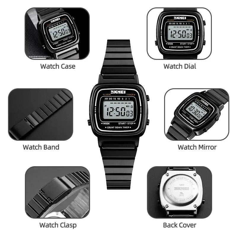 Skmei Women Digital Chronograph Wristwatch Stainless Steel Strap 30M Water Resistant Fashion Timepiece