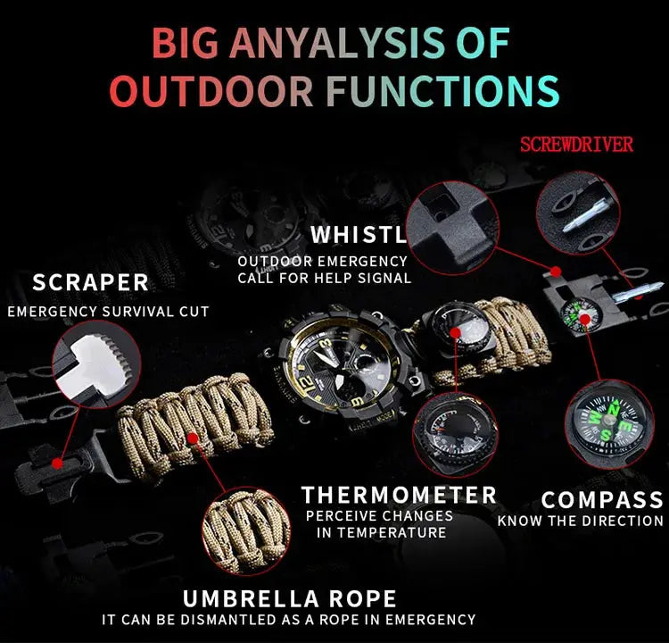 SHIYUNM men's military sports digital watch with compass, thermometer and rope, waterproof multi-function