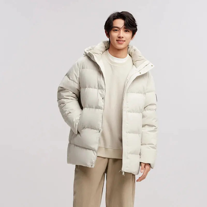 Semir down jacket for men by Simples Market, hooded beige mid-length puffer