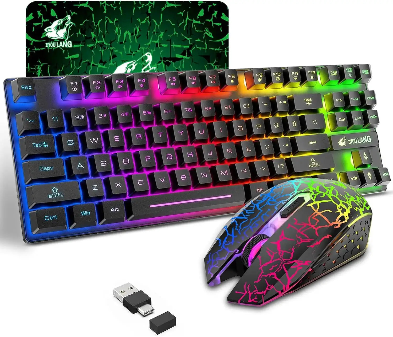 Simples Market T87 wireless keyboard and rainbow-backlit gaming mouse set with 2400 DPI and included mouse pad