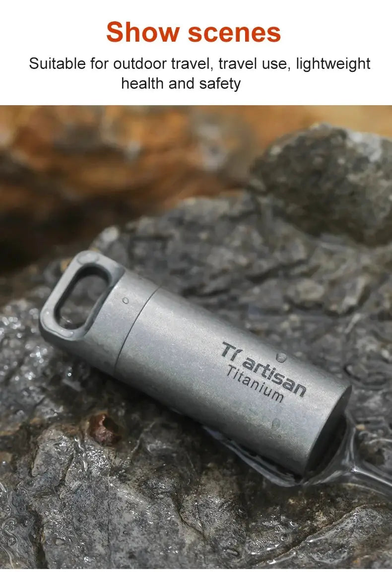 Tiartisan Titanium Mini EDC pill bottle; sealed, waterproof.