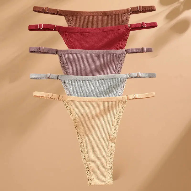 Simples Market 5-pack cotton thong underwear set with lace trim and adjustable waist in assorted colors